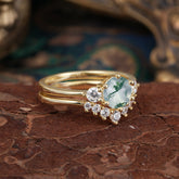 1 Carat Round Cut Moss Agate Engagement Ring Set Classic Wedding Ring